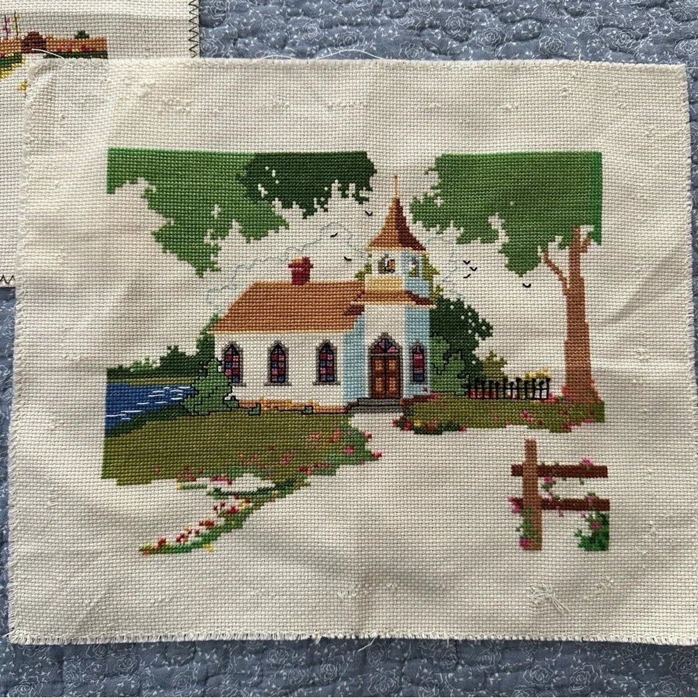 Cross Stitch Charming Cottage Country Church Cottagecore Gift Handmade 8 x 10